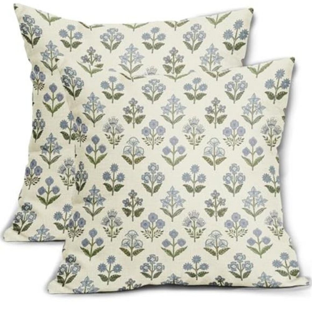 Blue Green Print Pillow Covers 18x18 Set of 2 Vintage Floral Spring NO INSERT